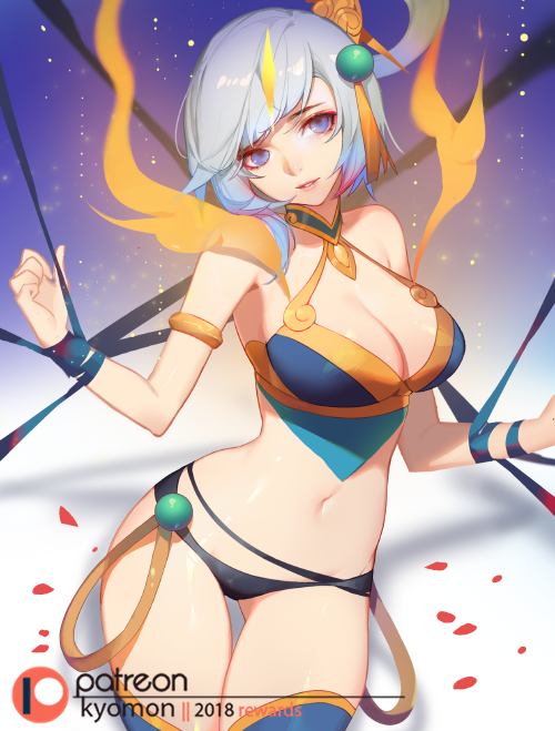 1girl alternate_costume alternate_hair_color alternate_hairstyle armlet blue_eyes breasts cleavage cleavage_cutout cowboy_shot hair_ornament jewelry league_of_legends lunar_empress_lux luxanna_crownguard medium_breasts navel no_pants patreon_logo patreon_username solo songjikyo underwear watermark white_hair