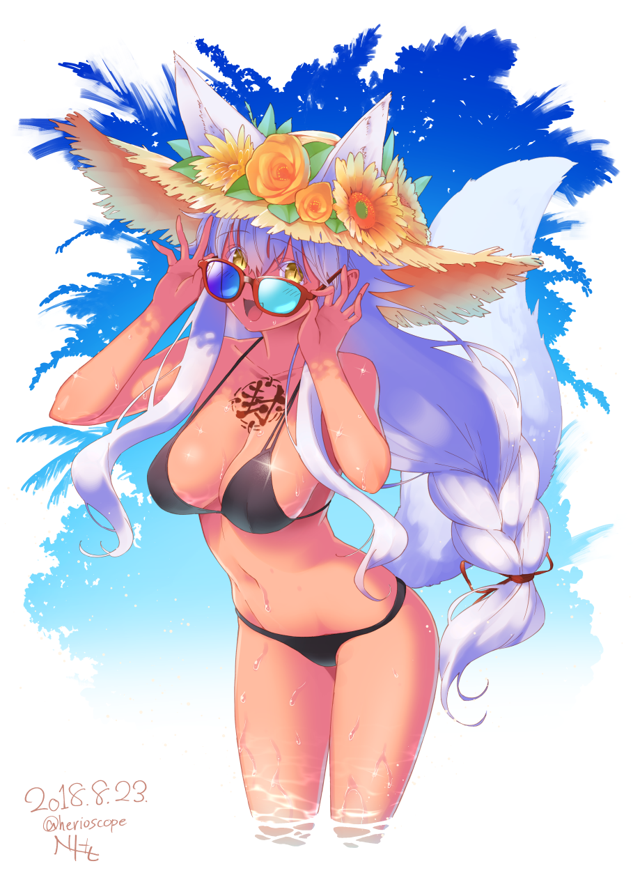 1girl :d adjusting_eyewear animal_ears arms_up bare_shoulders bikini black_bikini blue-tinted_eyewear blue_background blush braid breasts chest_tattoo cleavage collarbone colored_eyelashes commentary_request cowboy_shot dated ears_through_headwear flower fox_ears fox_girl fox_tail gradient gradient_background hair_ribbon hat hat_flower heriwo_(haraheridou) highres large_breasts leaning_forward long_hair navel open_mouth orange_flower orange_rose original red-framed_eyewear red_ribbon ribbon rose sidelocks signature single_braid slit_pupils smile solo sparkle straw_hat string_bikini sunglasses swimsuit tail tattoo thighs twitter_username very_long_hair wading water water_drop wet yellow_eyes