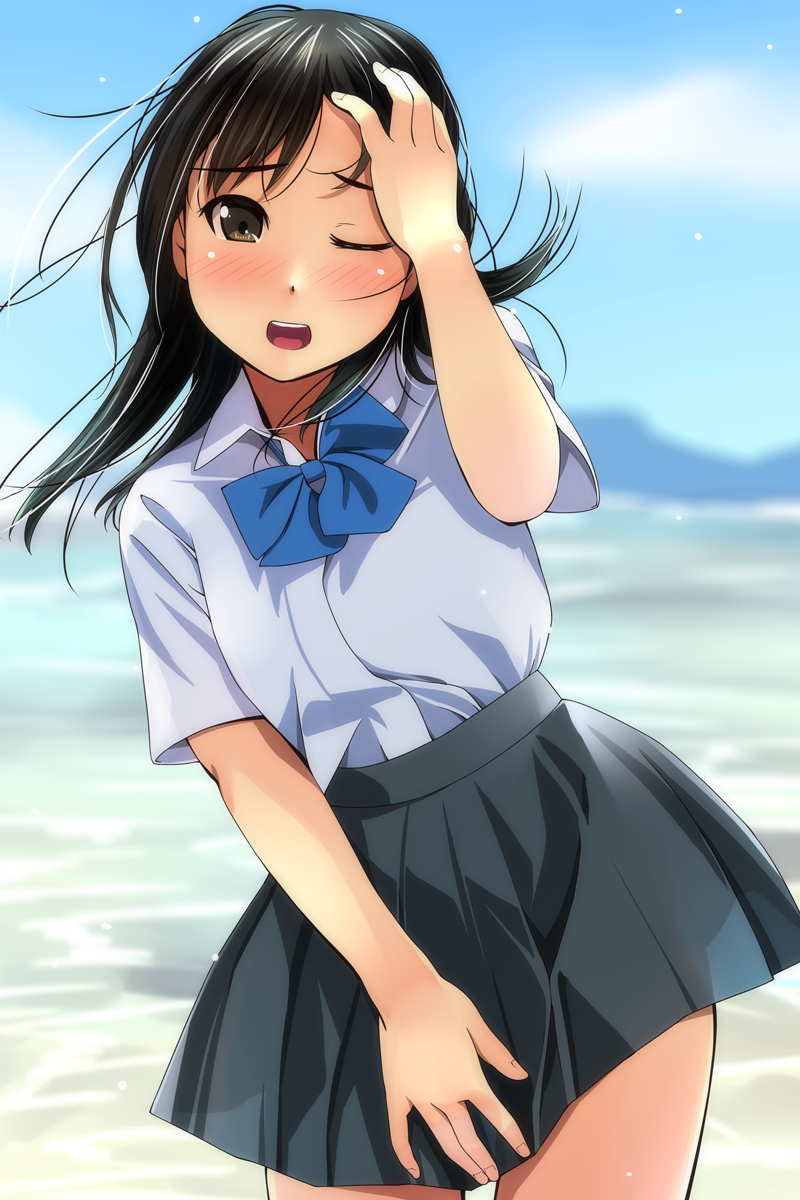 1girl ;d arm_up bangs black_hair blue_bow blue_sky blurry blurry_background blush bow brown_eyes clouds collared_shirt commentary_request day depth_of_field eyebrows_visible_through_hair fingernails grey_skirt hand_on_own_head head_tilt highres leaning_to_the_side long_hair looking_at_viewer matsunaga_kouyou nose_blush ocean one_eye_closed open_mouth original outdoors pleated_skirt shirt short_sleeves skirt sky smile solo water white_shirt