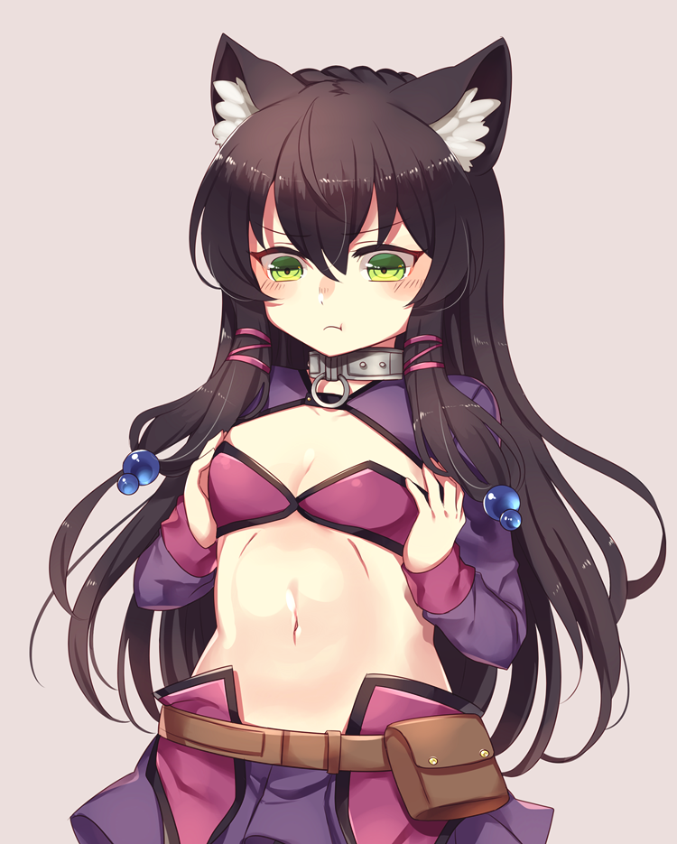 1girl animal_ears beads belt bikini_top black_hair breast_conscious breast_squeeze breasts cat_ears cleavage collar commentary_request green_eyes hair_beads hair_ornament isekai_maou_to_shoukan_shoujo_dorei_majutsu long_hair miniskirt mohuta1203 navel pouch pout purple_bikini_top purple_skirt rem_galeu skirt small_breasts solo upper_body