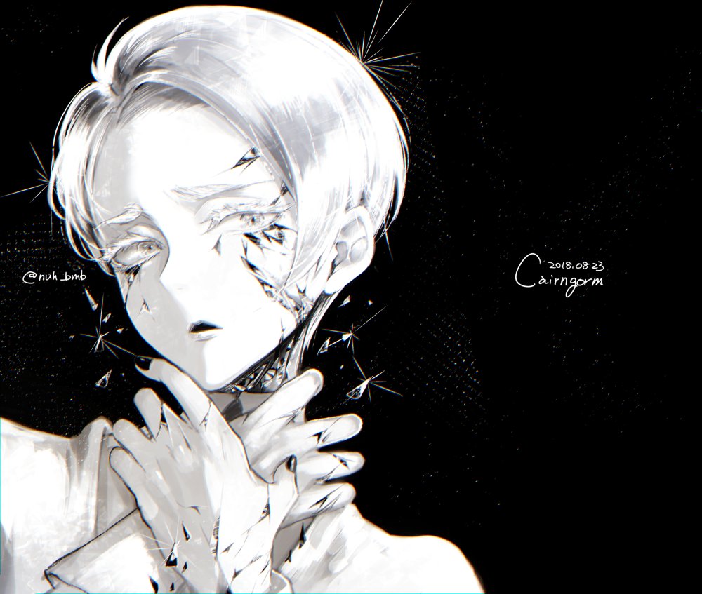 1other androgynous black_background cairngorm_(houseki_no_kuni) character_name colored_eyelashes crack cracked crystal_hair dated hands_on_neck houseki_no_kuni looking_at_viewer morino_bambi shards short_hair solo sparkle thick_eyebrows upper_body white_eyes white_hair
