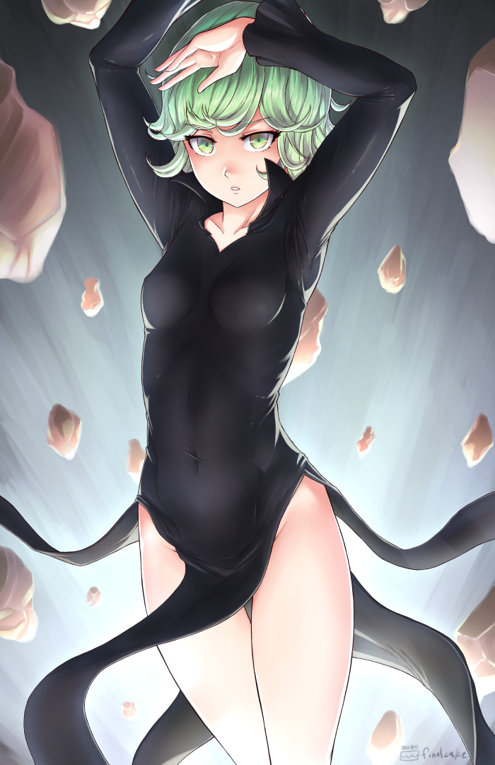 1girl arms_up bangs black_dress breasts commentary_request covered_navel cowboy_shot curly_hair dress eyebrows_visible_through_hair finalcake floating_rock green_eyes green_hair grey_background groin high_collar long_sleeves looking_at_viewer medium_breasts medium_hair one-punch_man parted_lips pelvic_curtain shiny shiny_hair signature solo tatsumaki thigh_gap thighs v-shaped_eyebrows