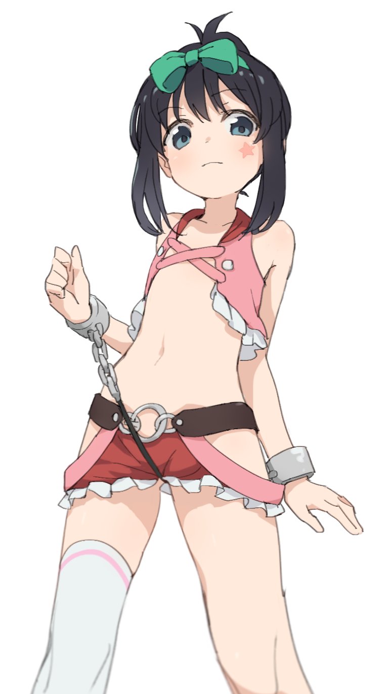 1girl bangs between_legs black_hair blue_eyes bow chains clenched_hand closed_mouth coupon_(skyth) cowboy_shot crop_top cuffs eyebrows_visible_through_hair facial_tattoo flat_chest frilled_skirt frills green_bow hair_bow highres kunihiro_hajime looking_at_viewer microskirt navel pink_shirt revealing_clothes saki shackles shirt short_hair short_ponytail sidelocks simple_background single_thighhigh skirt sleeveless sleeveless_shirt smile solo standing star tattoo thigh-highs white_background white_legwear