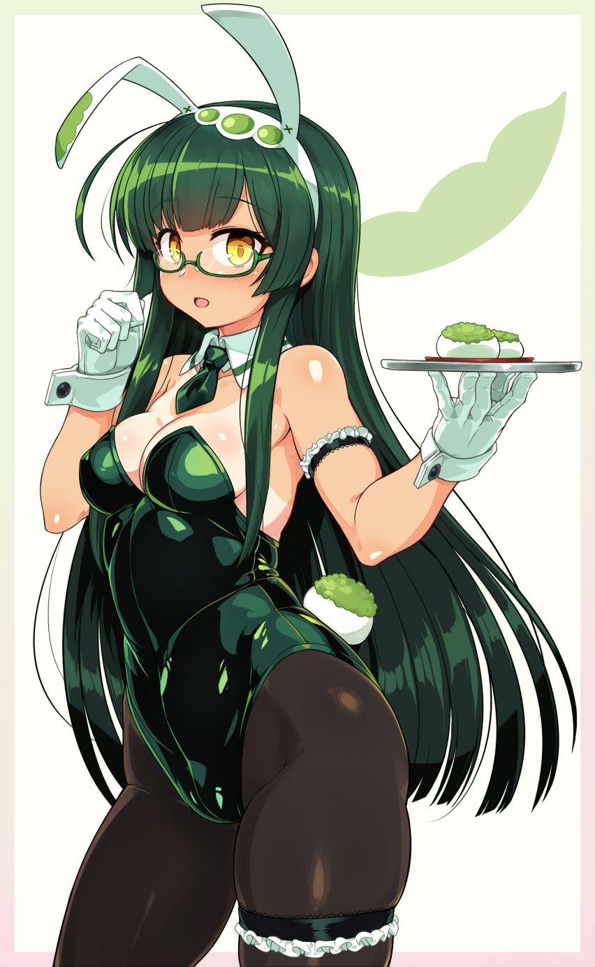 1girl ahoge animal_ears bare_shoulders bespectacled black_legwear blush breasts bunny_girl bunny_tail bunnysuit cleavage covered_navel detached_collar fake_animal_ears glasses green_hair green_hairband hairband highres large_breasts leotard long_hair looking_at_viewer mochi null_(nyanpyoun) open_mouth pantyhose pea_pod playboy_bunny_leotard rabbit_ears skindentation solo strapless strapless_leotard tail tan thigh_strap touhoku_zunko tray very_long_hair vocaloid voiceroid wrist_cuffs yellow_eyes