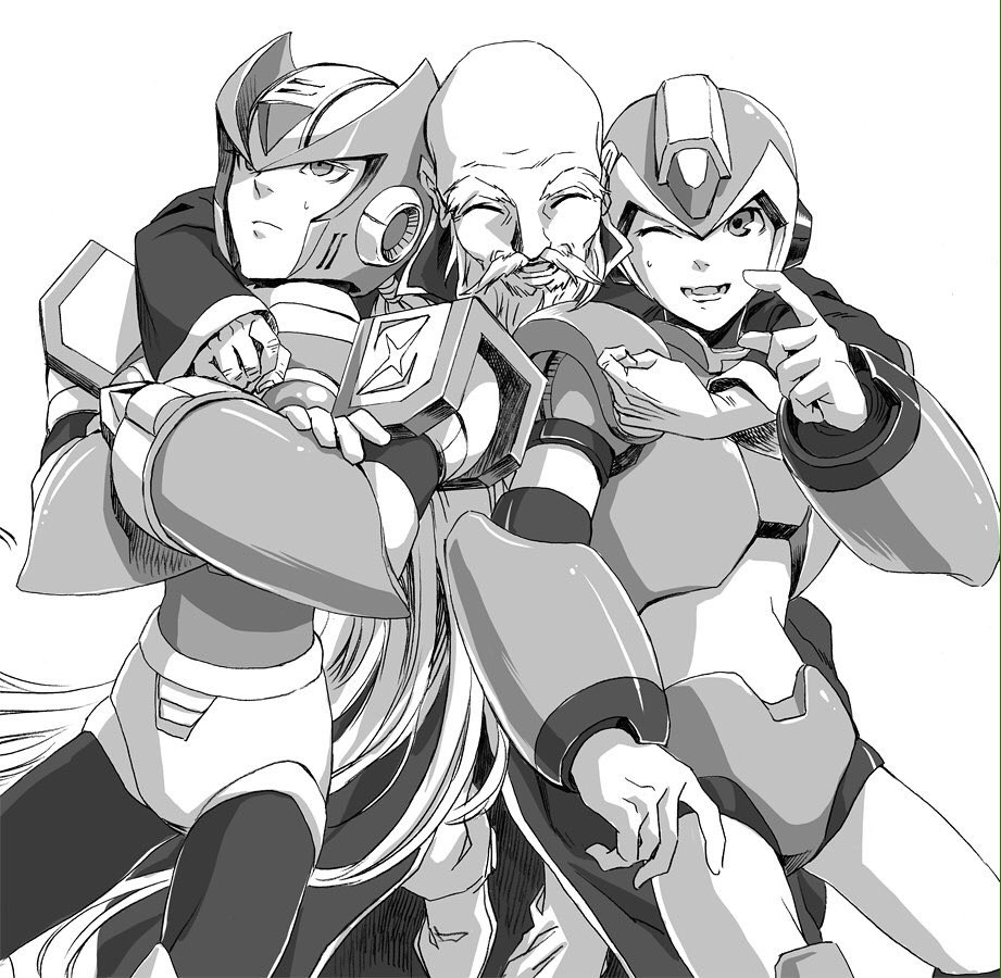 3boys android arm_around_shoulder bald beard closed_eyes crossed_arms dr._cain facial_hair gloves greyscale helmet long_hair male_focus monochrome multiple_boys old_man one_eye_closed open_mouth rockman rockman_x smile teeth uncolored white_background white_gloves x_(rockman) yukinbo78 zero_(rockman)