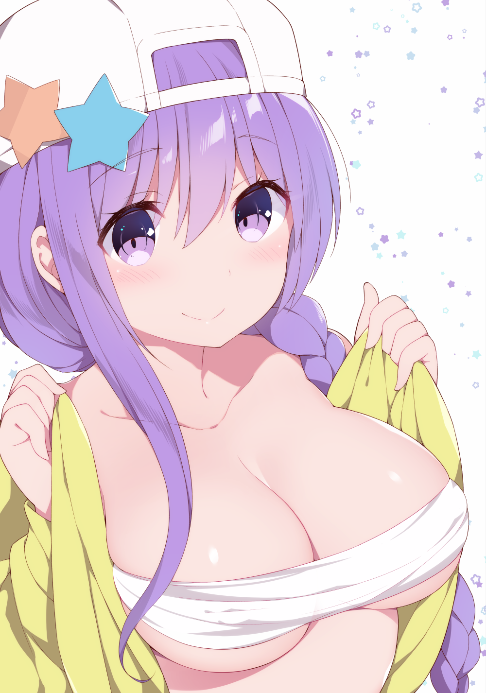 1girl backwards_hat bangs baseball_cap bb_(fate)_(all) bb_(fate/extra_ccc) bikini bikini_top blush braid breasts cleavage close-up closed_mouth collarbone commentary_request eyebrows_visible_through_hair fate/grand_order fate_(series) hair_between_eyes hair_ornament hair_over_shoulder hat highres large_breasts long_hair long_sleeves open_clothes purple_hair single_braid single_sidelock smile solo star star_hair_ornament starry_background swimsuit upper_body violet_eyes watanon_(gakushokutei) white_background white_bikini white_hat