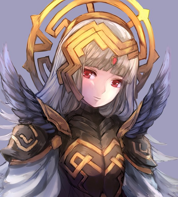 1girl armor cape crown fire_emblem fire_emblem_heroes gloves grey_hair jurge long_hair looking_at_viewer red_eyes simple_background solo veronica_(fire_emblem)