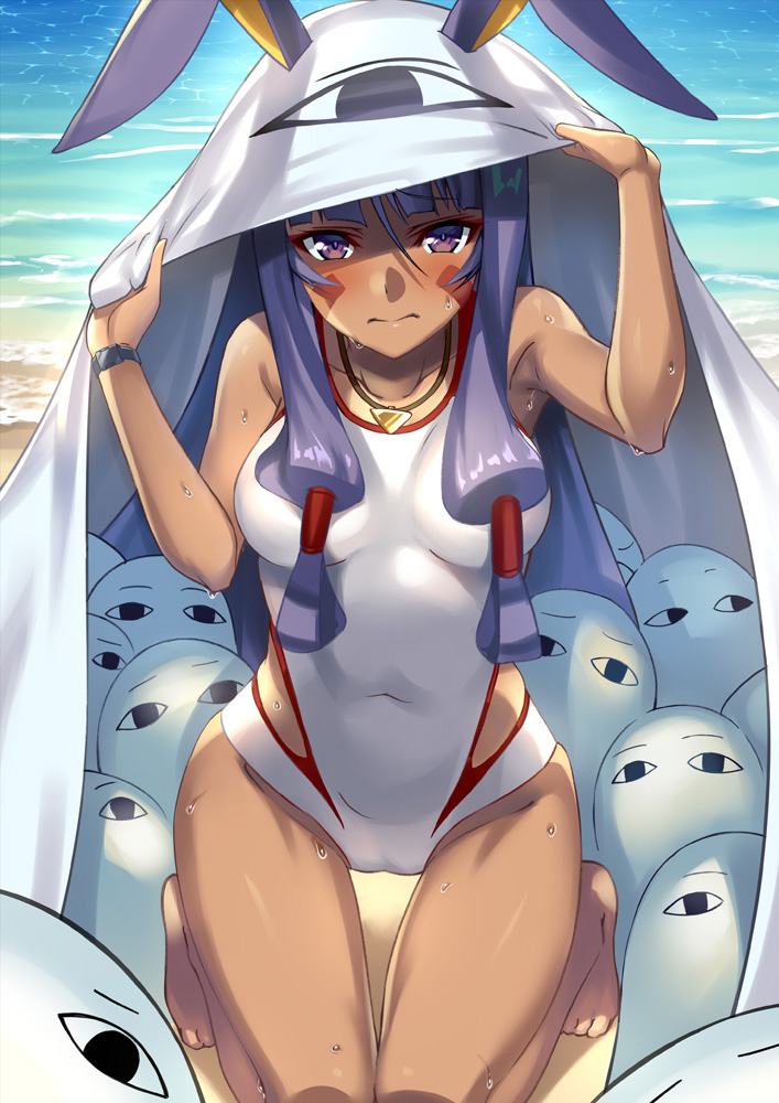 1girl beach commentary_request cosplay covered_navel dark_skin day facepaint facial_mark fate/grand_order fate_(series) gia_kon kneeling long_hair looking_at_viewer medjed medjed_(cosplay) nitocris_(fate/grand_order) nitocris_(swimsuit_assassin)_(fate) ocean purple_hair swimsuit violet_eyes white_swimsuit