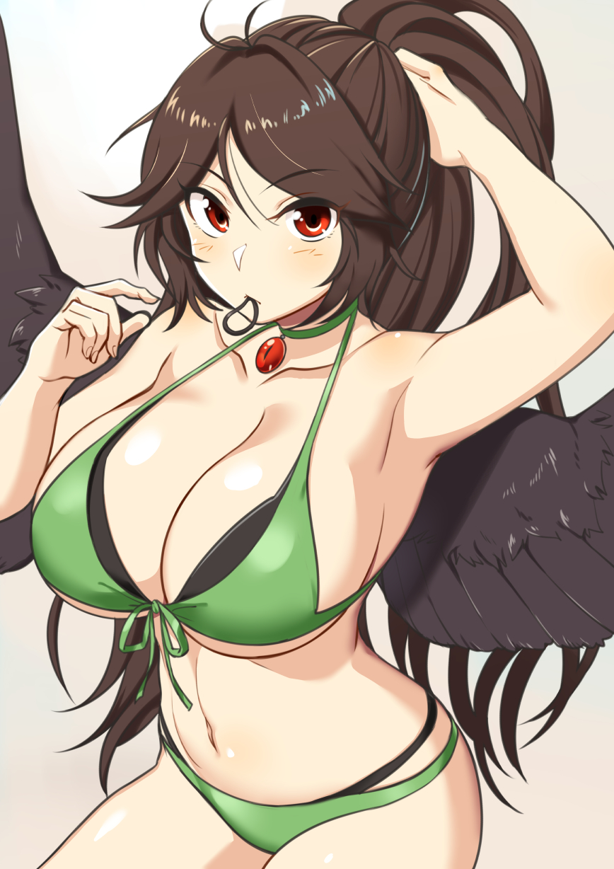 1girl antenna_hair arm_up armpits bare_arms bare_shoulders bikini bird_wings black_wings breasts brown_hair cleavage closed_mouth collarbone eyebrows_visible_through_hair eyes_visible_through_hair front-tie_top front_ponytail hair_between_eyes halter_top halterneck hand_up high_ponytail highres hips holding holding_hair huge_breasts jewelry long_hair looking_at_viewer mouth_hold navel nobori_ranzu parted_lips pendant ponytail red_eyes reiuji_utsuho shiny shiny_hair shiny_skin sidelocks solo stomach swimsuit touhou upper_body very_long_hair wide_ponytail wings