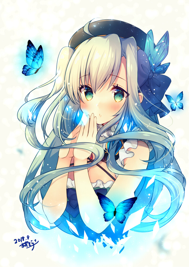 1girl :o ahoge azu_torako bangs bare_arms bare_shoulders beret black_dress black_hat blush bow bug butterfly commentary_request criss-cross_halter crystal dated dress eyebrows_visible_through_hair fingernails green_eyes hair_between_eyes hair_bow halterneck hands_up hat insect long_hair looking_at_viewer original parted_lips purple_bow signature silver_hair solo very_long_hair