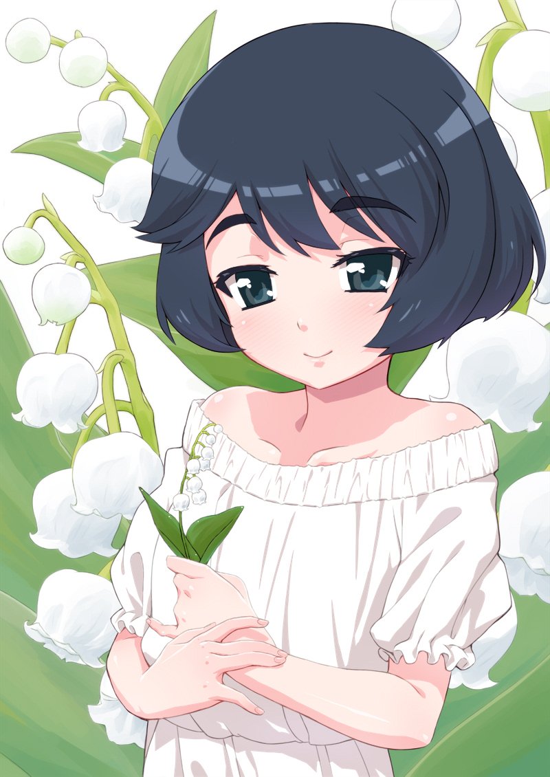 1girl bangs bare_shoulders black_eyes black_hair casual closed_mouth commentary dress eyebrows_visible_through_hair flower girls_und_panzer holding holding_flower lily_of_the_valley looking_at_viewer off-shoulder_dress off_shoulder senzoc short_hair short_sleeves smile solo standing upper_body utsugi_yuuki white_background white_dress