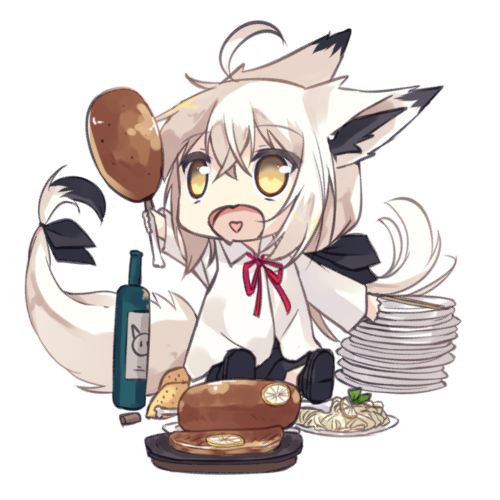 1girl ahoge animal_ears black_footwear black_shorts bottle brown_eyes chibi chopsticks copyright_request food heart heart_in_mouth holding holding_food long_hair long_sleeves lowres meat nagishiro_mito open_mouth plate shirt shoe_soles shoes short_shorts shorts simple_background sitting solo tail very_long_hair white_background white_hair white_shirt