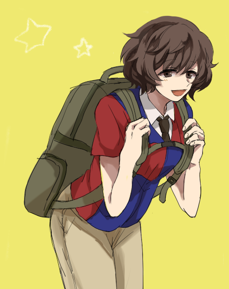 1girl akiyama_yukari alpachiiino backpack bag bangs black_neckwear brown_eyes brown_hair brown_pants circle_k_sunkus cowboy_shot dress_shirt employee_uniform eyebrows_visible_through_hair girls_und_panzer leaning_forward long_hair looking_at_viewer messy_hair multicolored_shirt necktie open_mouth pants shirt short_hair short_sleeves simple_background smile standing star uniform white_shirt yellow_background