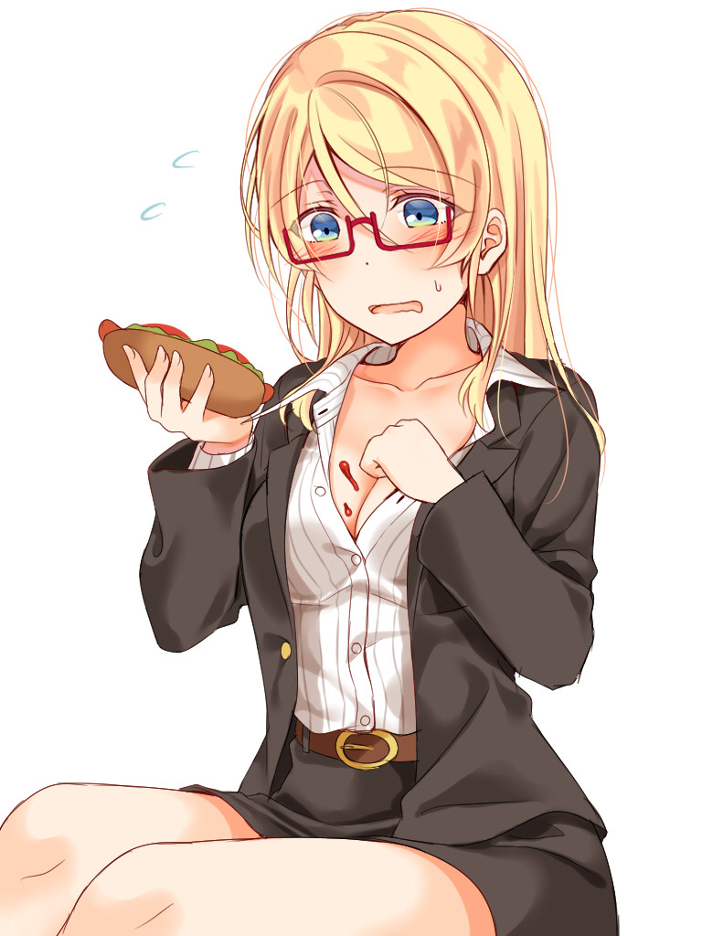 1girl ayase_eli belt bespectacled black_jacket black_skirt blonde_hair blue_eyes blush breasts cleavage clenched_hand collarbone collared_shirt commentary_request eyebrows_visible_through_hair flying_sweatdrops food food_on_body food_on_breasts formal glasses hair_down holding holding_food hot_dog jacket long_hair long_sleeves love_live! love_live!_school_idol_project miniskirt mogu_(au1127) open_mouth pinstripe_pattern red-framed_eyewear semi-rimless_eyewear shirt simple_background skirt skirt_suit solo spill striped striped_shirt suit sweatdrop under-rim_eyewear vertical-striped_shirt vertical_stripes white_background