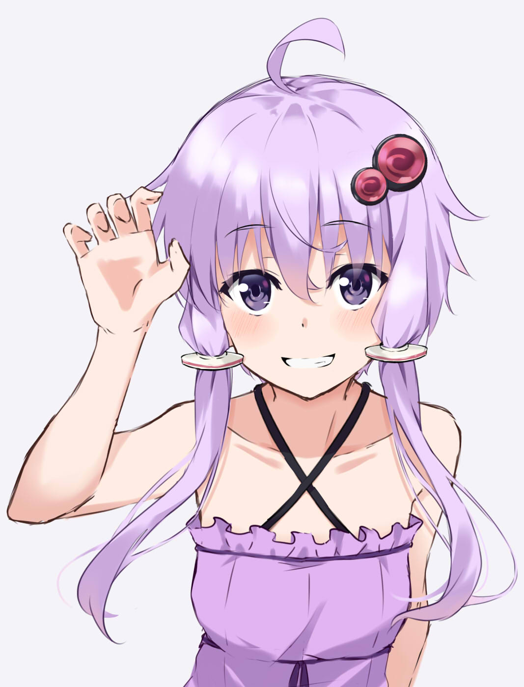 1girl ahoge arm_up bangs bare_arms bare_shoulders blush breasts collarbone commentary_request criss-cross_halter dress eyebrows_visible_through_hair fingernails grey_background grin hair_between_eyes hair_ornament halterneck highres kohakope long_hair purple_dress purple_hair sidelocks simple_background small_breasts smile solo upper_body violet_eyes voiceroid yuzuki_yukari