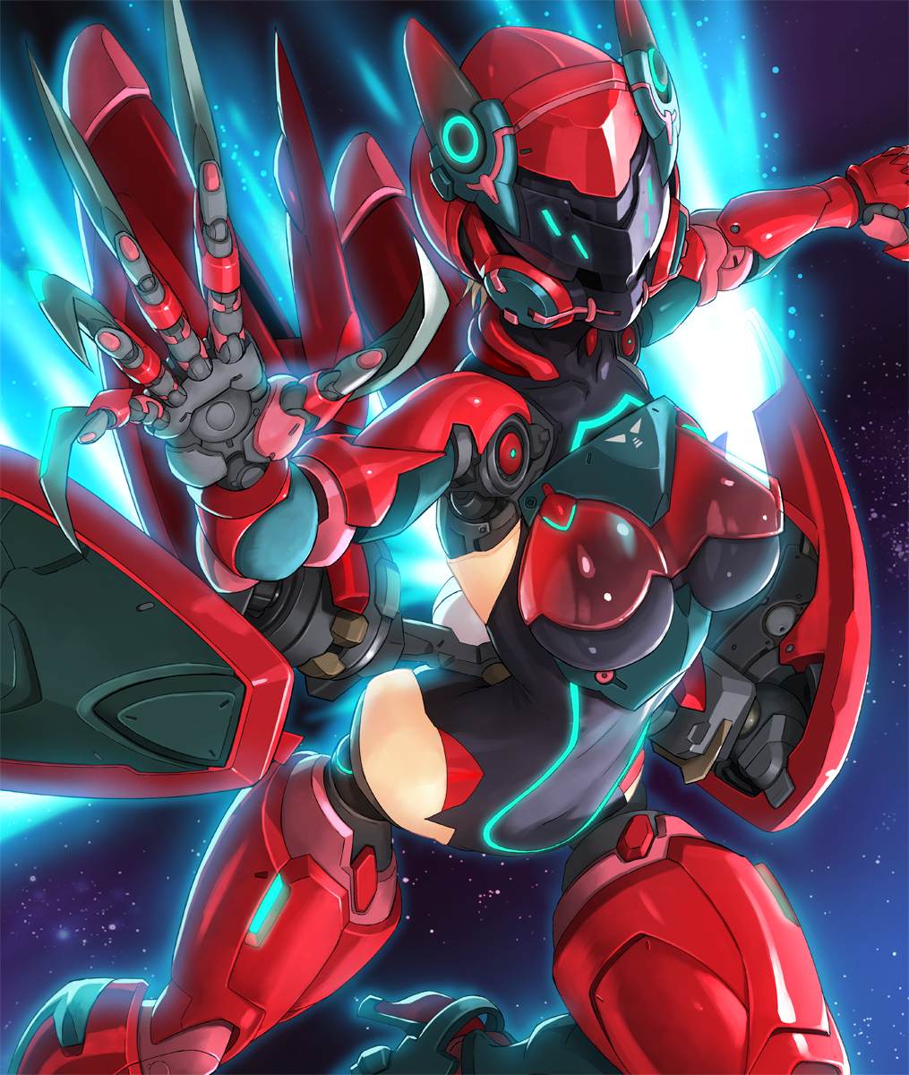 1girl armor blonde_hair bodysuit breasts breasts_apart claws covered_navel cyborg female fingernails flying full_armor gas_mask hand_up helmet highres jet_engine large_breasts lilith-soft long_fingernails machine mechanical_arm mechanical_legs pamela_jaeger_(taimanin_asagi_battle_arena) short_hair solo space taimanin_(series) taimanin_asagi_battle_arena wings yuuji_(and)