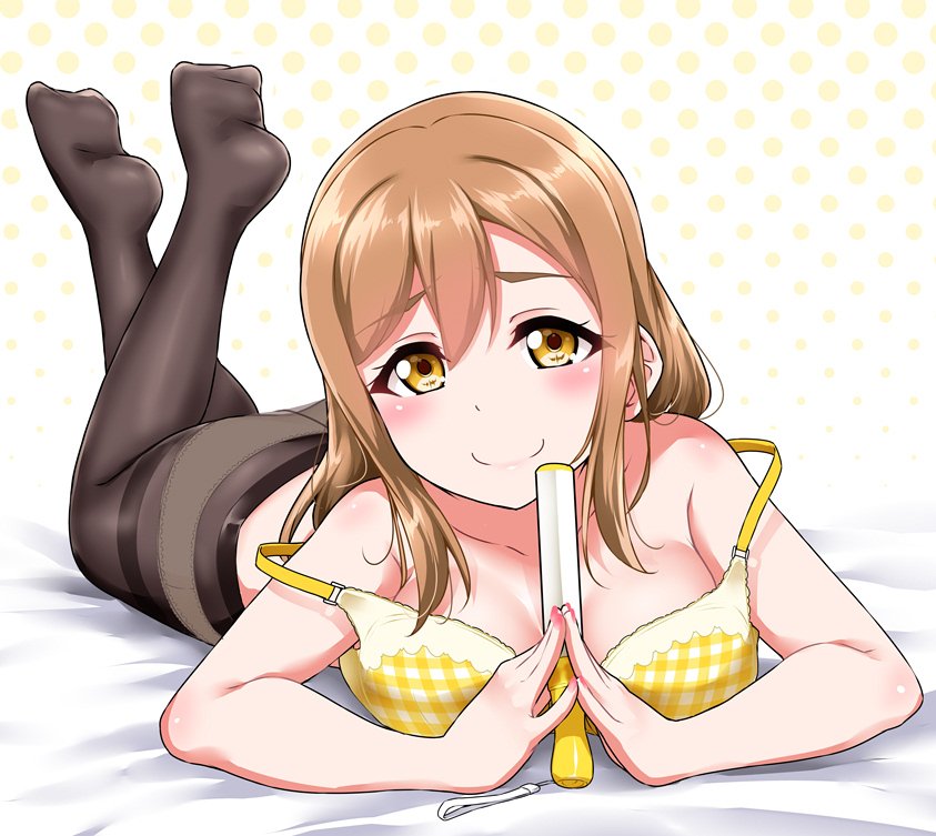 1girl bangs bed_sheet black_legwear blush bra breasts brown_hair collarbone commentary_request eyebrows_visible_through_hair feet_up glowstick halftone halftone_background holding kunikida_hanamaru long_hair looking_at_viewer love_live! love_live!_sunshine!! lying medium_breasts nail_polish on_stomach panties panties_under_pantyhose pantyhose pink_nails plaid plaid_bra smile solo strap_slip thighband_pantyhose underwear yellow_bra yellow_eyes yopparai_oni