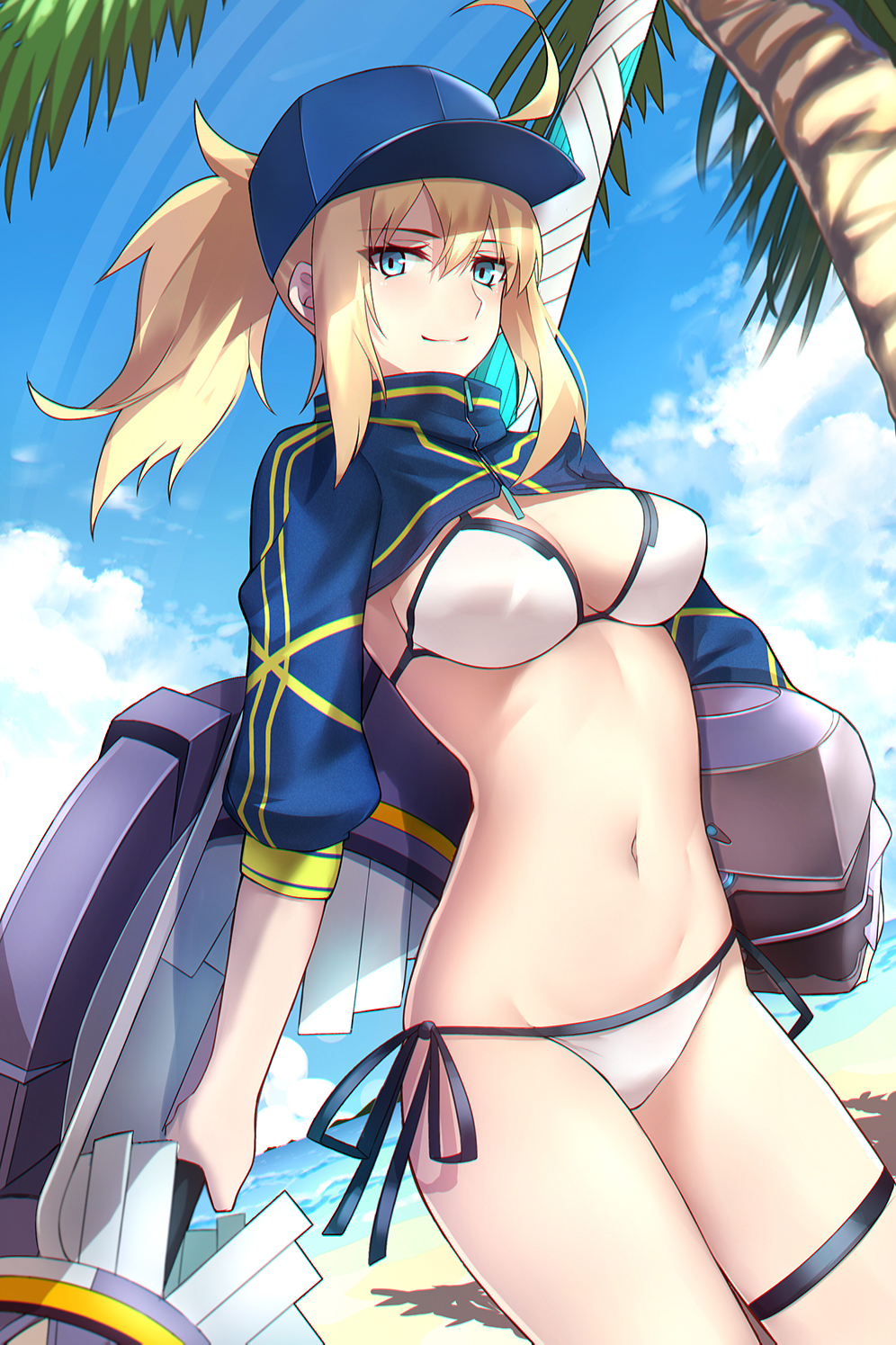 1girl ahoge baseball_cap beach bikini blonde_hair blue_eyes blue_hat blue_sky breasts closed_mouth clouds day fate/grand_order fate_(series) hat highres holding holding_lance holding_weapon lance leg_garter looking_at_viewer medium_breasts mysterious_heroine_xx_(foreigner) ocean outdoors polearm ponytail shiguru short_hair side-tie_bikini sky smile solo swimsuit weapon white_bikini_top