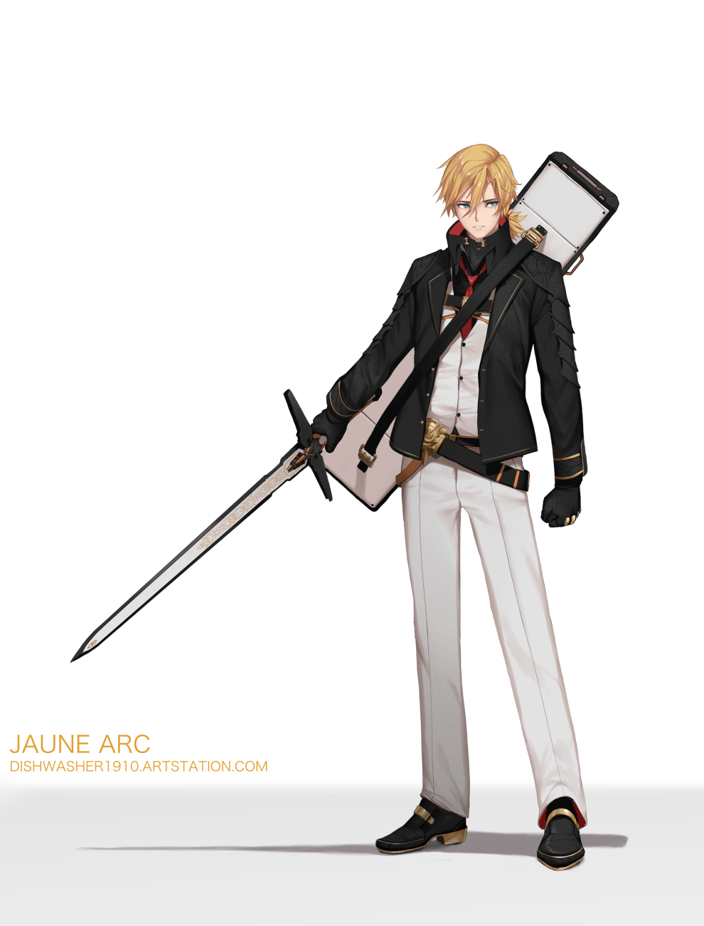 1boy artist_name belt black_belt black_footwear black_gloves black_jacket character_name clenched_hand dishwasher1910 flower gloves hair_between_eyes high_collar highres holding holding_sword holding_weapon jacket jaune_arc legs_apart long_hair long_sleeves looking_at_viewer low_ponytail male_focus necktie open_clothes open_jacket pants parted_lips red_neckwear rwby shadow shirt shoes shoulder_armor simple_background solo standing sword unbuttoned watermark weapon weapon_bag web_address white_background white_pants white_shirt wing_collar