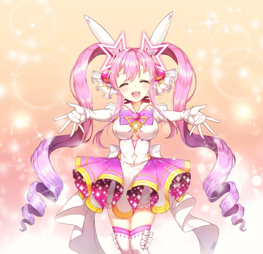 1girl aisha_(elsword) back_bow bloomers bow bowtie closed_eyes cowboy_shot dress elsword facing_viewer gloves gradient gradient_background hair_ornament light_particles long_hair magical_girl metamorphy_(elsword) open_mouth outstretched_hand pink_background purple_bow purple_hair shiny shiny_hair sidelocks signature smile solo sparkle tempi_(yise426) thigh-highs twintails underwear white_bloomers white_bow white_gloves white_legwear yellow_background zettai_ryouiki