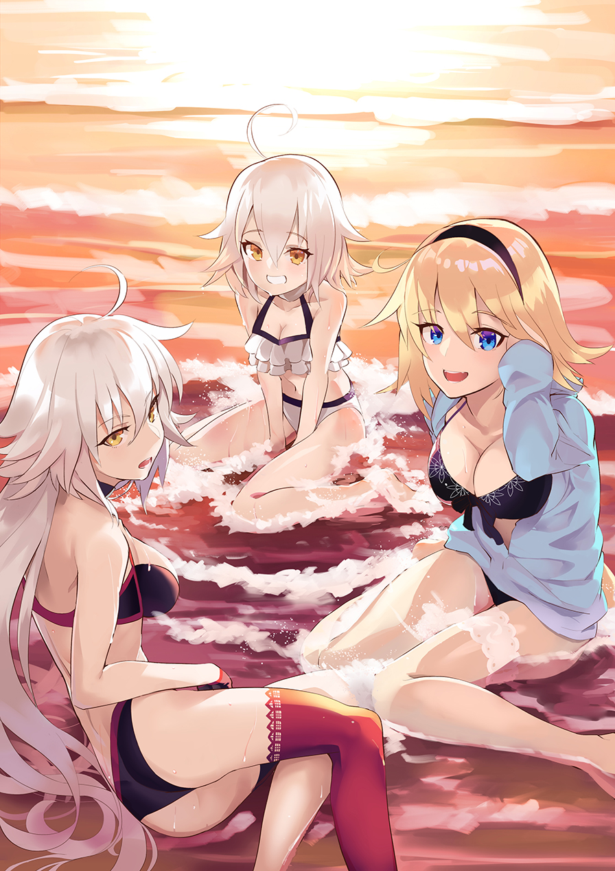 3girls :d ahoge alternate_costume ass beach bikini black_bikini blonde_hair blue_eyes blue_hoodie breasts cleavage commentary_request fate/grand_order fate_(series) frilled_bikini_top front-tie_bikini front-tie_top grin hairband highres hood hood_down hoodie jeanne_d'arc_(alter_swimsuit_berserker) jeanne_d'arc_(fate)_(all) jeanne_d'arc_(swimsuit_archer) jeanne_d'arc_alter_santa_lily large_breasts long_hair looking_at_viewer looking_back lying multiple_girls ocean on_side open_clothes open_hoodie open_mouth red_legwear silver_hair single_thighhigh sitting small_breasts smile soupchan sunset swimsuit thigh-highs thigh_strap wariza white_bikini yellow_eyes
