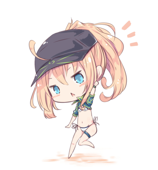 1girl :&lt; ahoge arm_up artoria_pendragon_(all) bangs bare_legs barefoot beni_shake bikini black_hat blonde_hair blue_eyes blue_jacket blush_stickers chibi commentary_request eyebrows_visible_through_hair fate/grand_order fate_(series) flat_cap hair_between_eyes hair_through_headwear hat head_tilt jacket long_hair mysterious_heroine_xx_(foreigner) parted_lips ponytail puffy_short_sleeves puffy_sleeves short_sleeves side-tie_bikini solo standing standing_on_one_leg swimsuit triangle_mouth white_background white_bikini