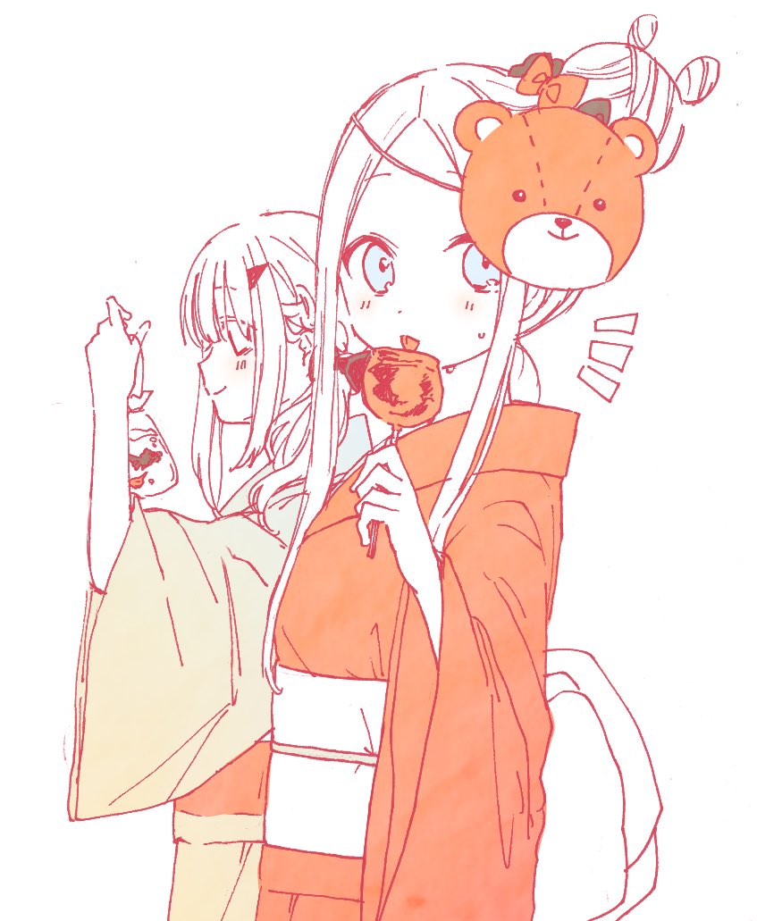 2girls abigail_williams_(fate/grand_order) animal bag bagged_fish bangs bear_mask black_bow blush bow braid candy_apple closed_mouth eyebrows_visible_through_hair fate/grand_order fate_(series) fish food forehead green_kimono hair_bow hair_bun holding holding_food horn japanese_clothes kimono lavinia_whateley_(fate/grand_order) licking long_hair long_sleeves looking_at_viewer looking_to_the_side mask mask_on_head multiple_girls obi orange_bow orange_kimono parted_bangs profile sash side_bun sidelocks smile sofra tongue tongue_out water wide_sleeves