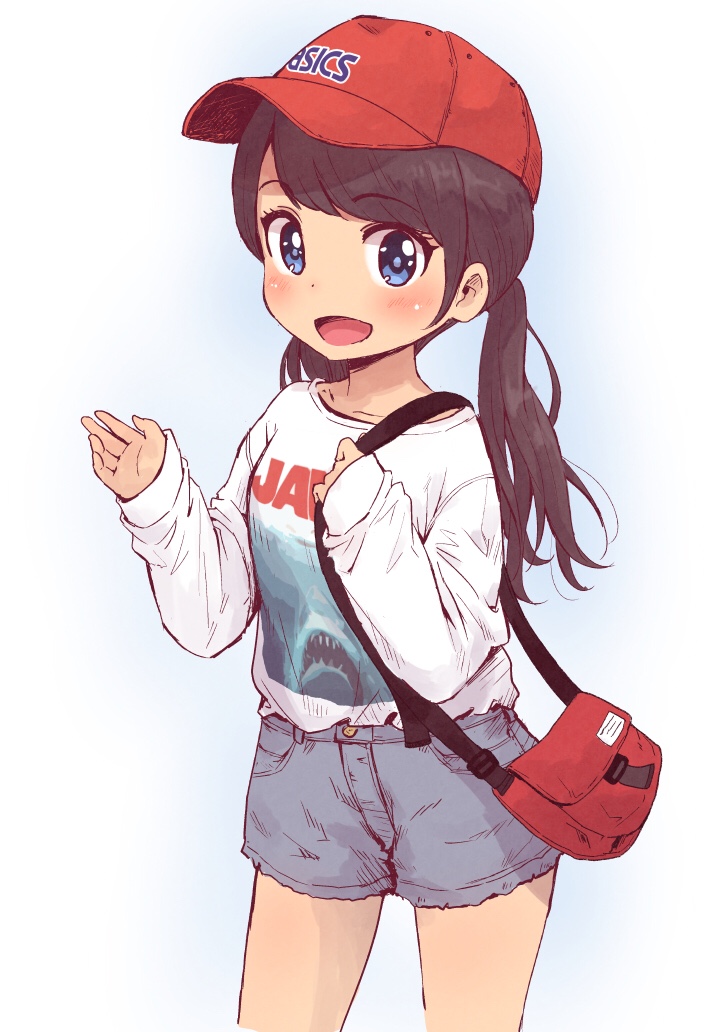 1girl arm_up bag baseball_cap blue_eyes brown_hair commentary_request denim denim_shorts haaam hat jaws_(movie) long_hair low_twintails open_mouth original print_shirt shirt short_shorts shorts smile solo twintails waving white_shirt