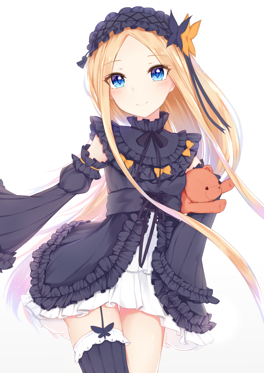 1girl abigail_williams_(fate/grand_order) asymmetrical_legwear bangs black_bow black_dress black_hairband black_hat black_legwear blonde_hair blue_eyes blush bow bug butterfly butterfly_hair_ornament closed_mouth commentary_request detached_sleeves dress eyebrows_visible_through_hair fate/grand_order fate_(series) forehead frilled_dress frilled_hairband frilled_shirt_collar frills gradient gradient_background grey_background hair_ornament hairband hat head_tilt highres insect juliet_sleeves long_hair long_sleeves meuneyu object_hug orange_bow parted_bangs puffy_sleeves ribbon-trimmed_sleeves ribbon_trim single_thighhigh sleeves_past_fingers sleeves_past_wrists smile solo stuffed_animal stuffed_toy teddy_bear thigh-highs very_long_hair white_background