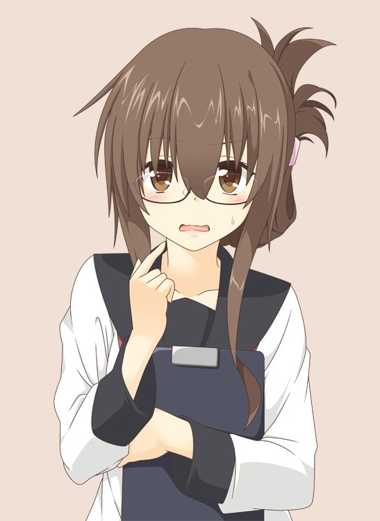 1girl bangs bespectacled blush brown_eyes brown_hair collarbone commentary_request eyebrows_visible_through_hair folded_ponytail glasses hair_between_eyes holding inazuma_(kantai_collection) kantai_collection kisaragi_yuu_(re:lucks) long_hair looking_at_viewer open_mouth pointing pointing_at_self school_uniform sidelocks simple_background solo sweatdrop upper_body wavy_mouth