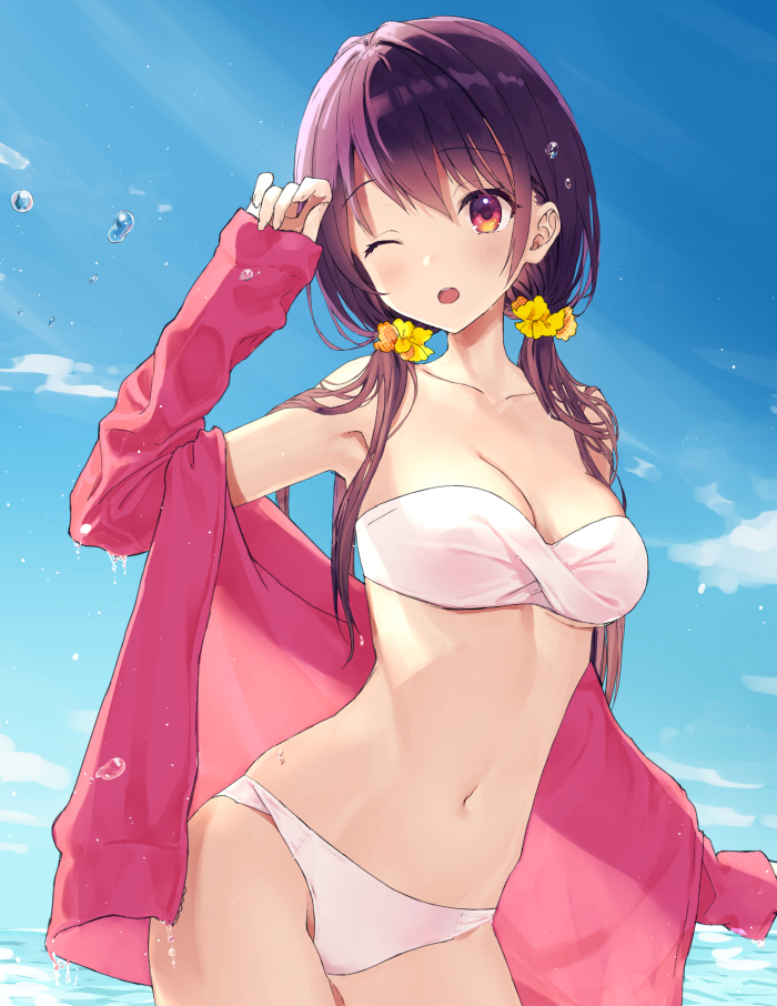1girl ;o arm_up bangs bare_shoulders bikini blue_sky blush breasts brown_hair cleavage clouds collarbone commentary_request contrapposto day eyebrows_visible_through_hair fingernails hair_between_eyes hair_ornament hair_scrunchie head_tilt horizon jacket long_hair long_sleeves looking_at_viewer low_twintails medium_breasts navel ocean off_shoulder one_eye_closed open_mouth original outdoors pink_jacket red_eyes rimo scrunchie sky sleeves_past_wrists solo standing swimsuit twintails water water_drop white_bikini yellow_scrunchie