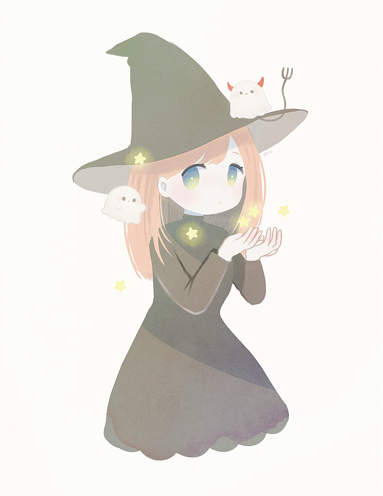 1girl ayu_(mog) black_border black_dress blue_eyes border demon dress ghost grey_background hands_up hat light_brown_hair long_hair long_sleeves looking_at_viewer original simple_background solo star witch witch_hat