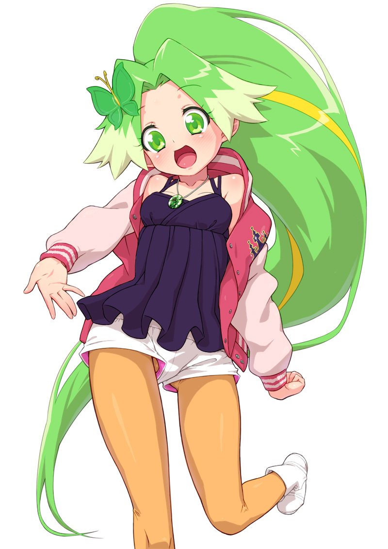 1girl :d ankle_boots bangs black_shirt boots butterfly_hair_ornament camisole clenched_hand commentary eyebrows_visible_through_hair green_eyes green_hair hair_ornament head_tilt jacket jewelpet_(series) jewelpet_sunshine jewelry letterman_jacket long_hair looking_at_viewer multicolored_hair multiple_tails necklace off_shoulder open_clothes open_jacket open_mouth orange_legwear pantyhose parted_bangs peridot_(jewelpet) peridot_(stone) pink_jacket senzoc shirt short_shorts shorts simple_background smile solo standing streaked_hair tail very_long_hair white_background white_footwear white_shorts