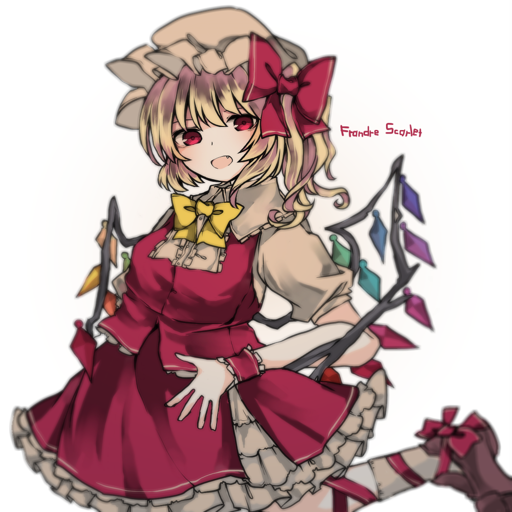 1girl ankle_lace-up asymmetrical_wings bangs blonde_hair bow breasts brown_hat brown_legwear center_frills character_name cross-laced_footwear fang flandre_scarlet hair_between_eyes hair_bow hat leg_up medium_breasts medium_hair mob_cap open_mouth red_bow red_eyes red_skirt red_vest sato_imo shoes short_sleeves side_ponytail simple_background skirt socks solo touhou typo vest white_background wings wristband yellow_bow yellow_neckwear