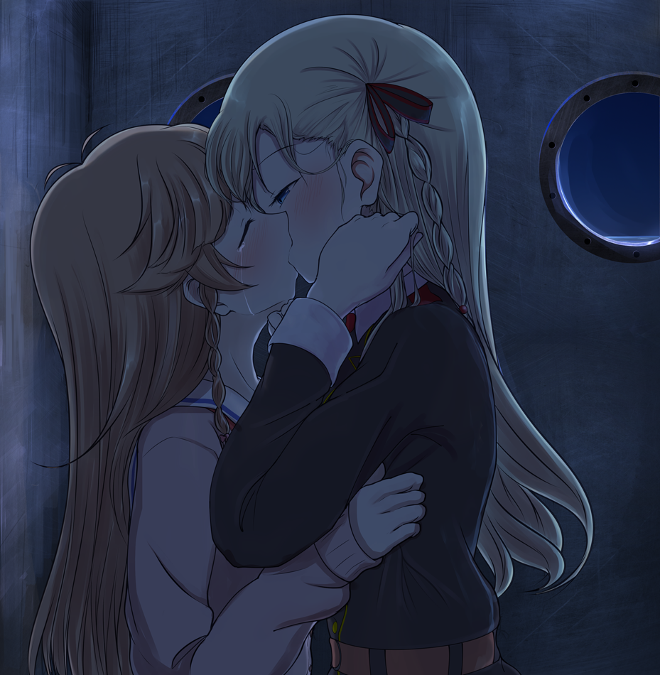 2girls 5tb adjusting_hair antenna_hair beige_sweater black_jacket black_ribbon blonde_hair blue_eyes blush braid brown_hair closed_eyes french_kiss from_side hair_ribbon hand_on_another's_chin high_school_fleet jacket kiss long_hair multiple_girls night nosa_kouko ribbon tears upper_body wilhelmina_braunschweig_ingenohl_friedeburg yuri