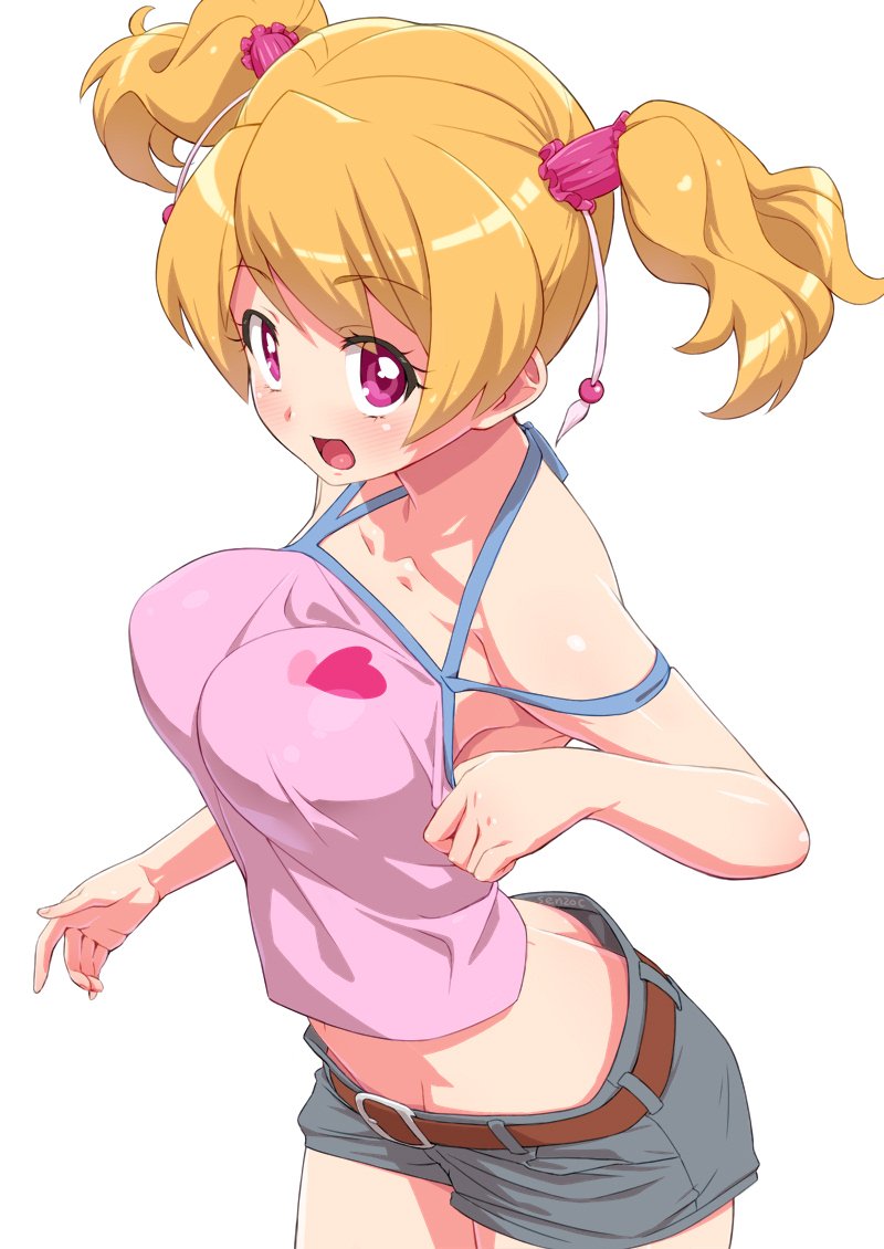 1girl bangs blonde_hair breasts brown_belt camisole commentary cowboy_shot eyebrows_visible_through_hair fresh_precure! grey_shorts hair_ornament hair_scrunchie heart leaning_forward looking_at_viewer medium_breasts midriff momozono_love open_mouth pink_eyes pink_scrunchie pink_shirt precure scrunchie senzoc shirt short_hair short_shorts shorts simple_background smile solo standing twintails white_background