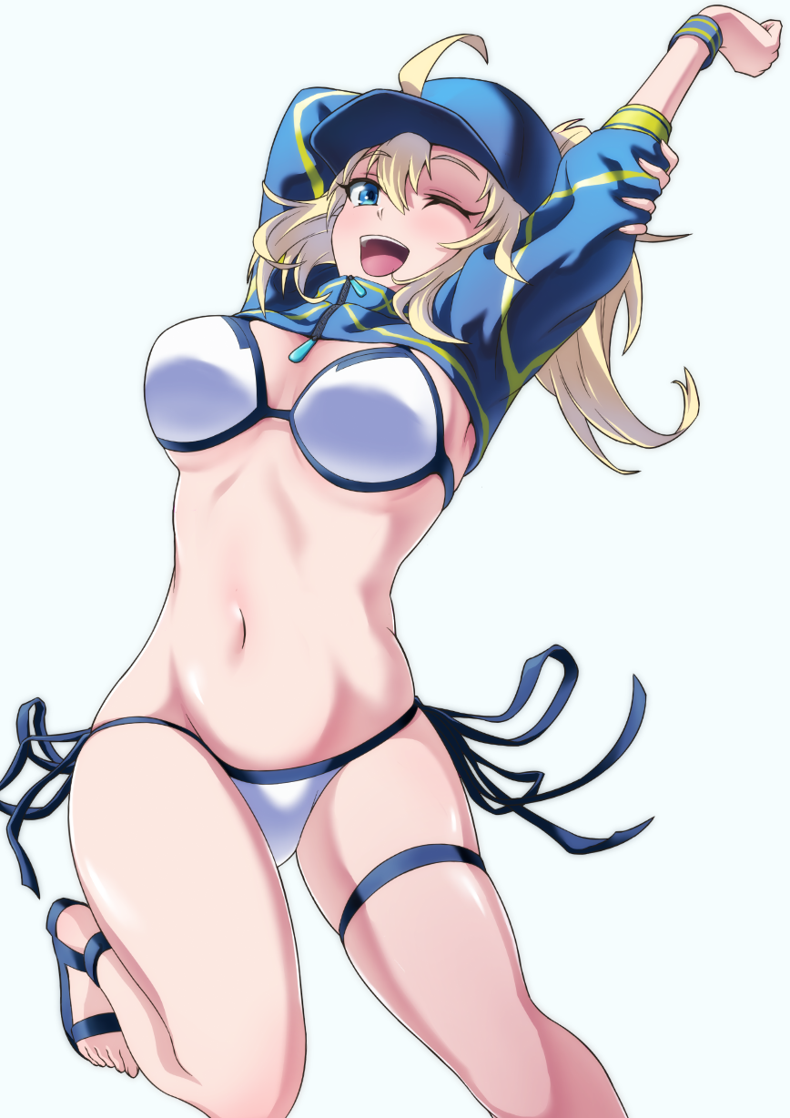 1girl ;d ahoge arm_up artoria_pendragon_(all) bare_legs baseball_cap bikini blonde_hair blue_eyes blue_hat cropped_legs fate/grand_order fate_(series) hat highres looking_at_viewer mysterious_heroine_xx_(foreigner) one_eye_closed open_mouth ponytail sandals short_hair shrug_(clothing) side-tie_bikini simple_background smile solo standing standing_on_one_leg swimsuit thighlet urayama_(backmountain) white_background white_bikini