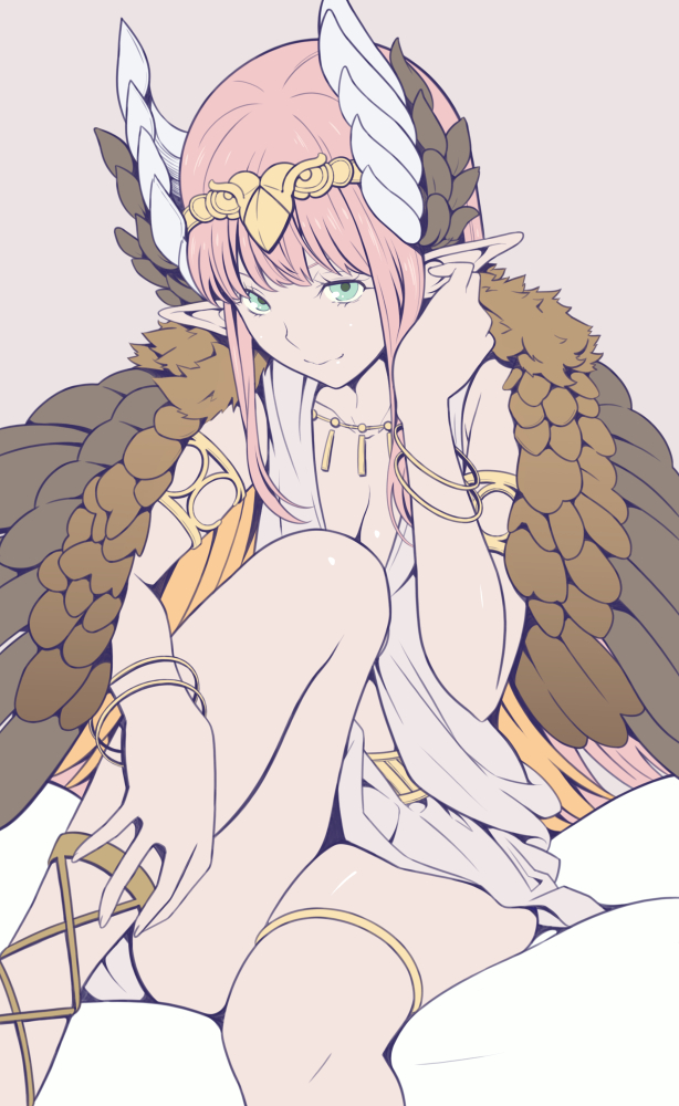 1girl bangs bird_wings bracelet breasts circe_(fate/grand_order) cleavage commentary_request fate/grand_order fate_(series) feathered_wings green_eyes head_feathers head_wings jewelry looking_at_viewer necklace pink_hair pointy_ears sitting smile solo thighs tsukumo white_robe wings