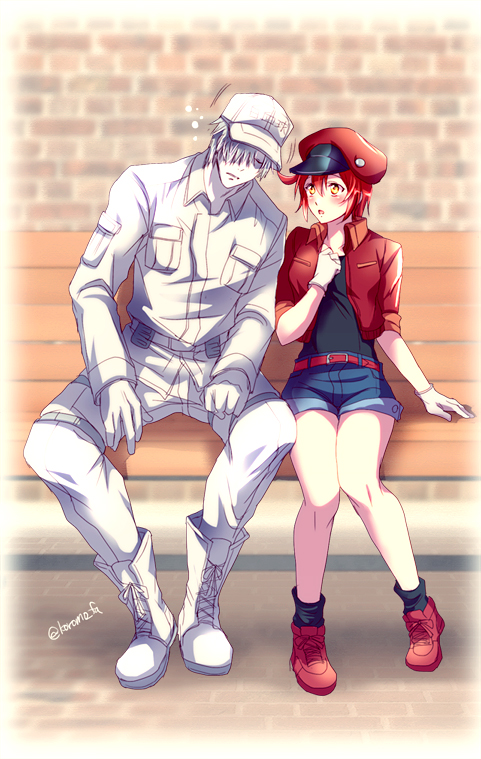 1boy 1girl ae-3803 ahoge baseball_cap belt bench beret black_shirt blush boots closed_eyes collared_shirt cross-laced_footwear denim denim_shorts full_body gloves hair_over_one_eye hand_on_own_chest hat hataraku_saibou jacket knees_apart_feet_together knees_together_feet_apart koromo_(kinu) open_mouth pants red_blood_cell_(hataraku_saibou) red_footwear red_hat red_jacket redhead shirt short_hair short_shorts shorts sitting sleeping spiky_hair t-shirt twitter_username u-1146 white_blood_cell_(hataraku_saibou) white_footwear white_gloves white_hair white_hat white_shirt white_skin yellow_eyes