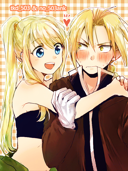 1boy 1girl :d arms_around_neck bangs bare_arms bare_shoulders black_tank_top blonde_hair blue_eyes blush checkered checkered_background cowboy_shot earrings edward_elric embarrassed eyebrows_visible_through_hair eyelashes fingernails fullmetal_alchemist gloves happy heart jewelry long_hair looking_at_another nervous open_mouth ponytail smile sweatdrop tank_top teeth tsukuda0310 twitter_username upper_body white_gloves winry_rockbell yellow_eyes