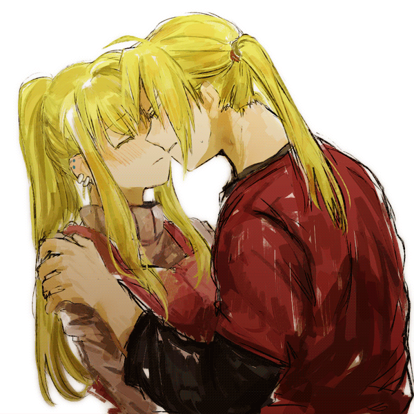 1boy 1girl antenna_hair apron bangs black_sleeves blonde_hair blush closed_eyes couple earrings edward_elric eyebrows_visible_through_hair facing_away fullmetal_alchemist half-closed_eyes hand_on_another's_shoulder hetero imminent_kiss jewelry long_hair long_sleeves nervous ponytail profile red_shirt shirt simple_background sweatdrop sweater tsukuda0310 turtleneck turtleneck_sweater upper_body white_background winry_rockbell