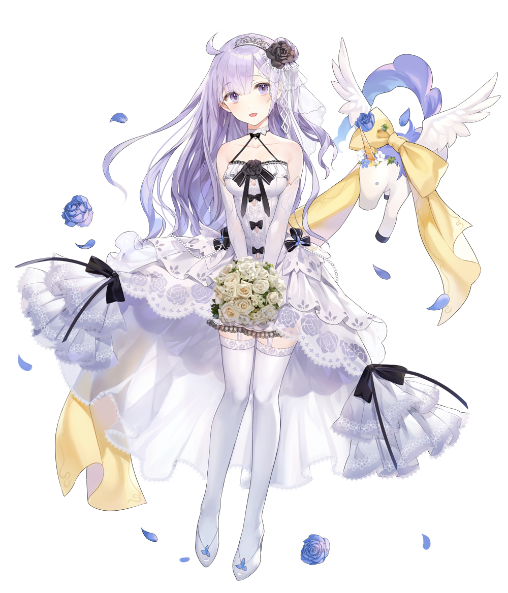 1girl ahoge azur_lane bangs bare_shoulders black_bow black_flower black_rose blue_flower blue_rose blush bouquet bow breasts bridal_veil choker dress floral_print flower frilled_dress frills full_body hair_between_eyes hair_flower hair_ornament high_heels holding holding_bouquet kim_eb long_hair looking_at_viewer open_mouth petals ribbon rose shoes silver_hair simple_background sleeveless solo thigh-highs tiara unicorn unicorn_(azur_lane) veil very_long_hair violet_eyes wedding wedding_dress white_background white_dress white_flower white_footwear white_legwear white_rose white_wings wings