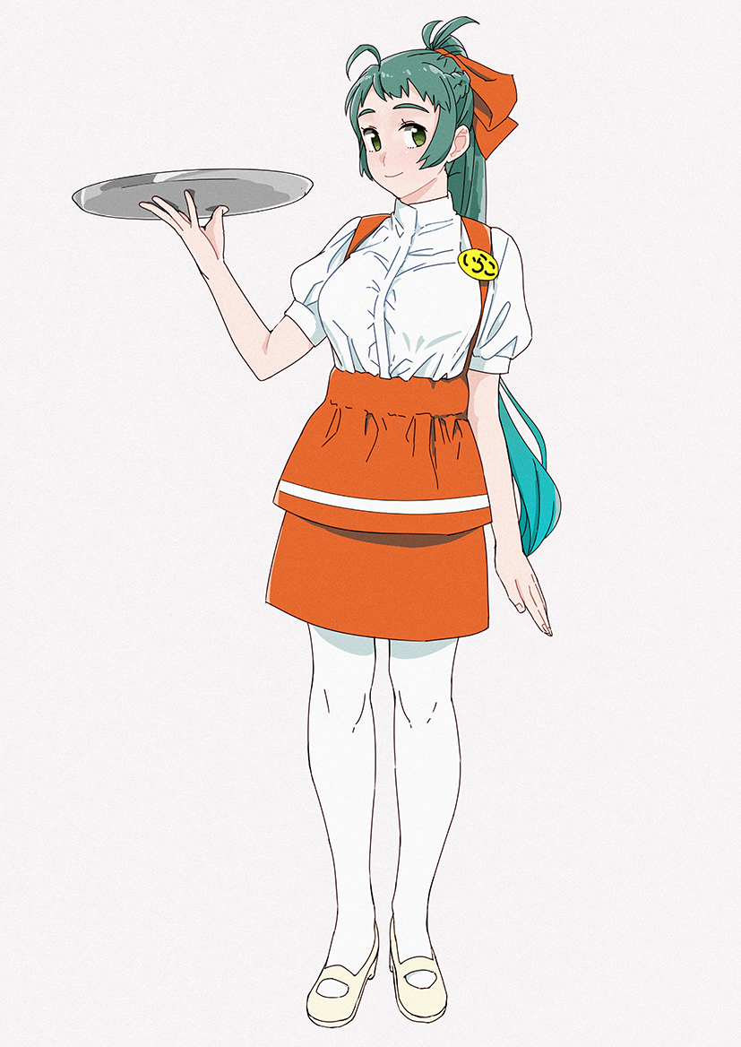 1girl alternate_costume anna_miller apron full_body green_eyes green_hair grey_background irako_(kantai_collection) kantai_collection long_hair name_tag ojipon orange_skirt pantyhose ponytail simple_background skirt solo standing tray waitress white_legwear