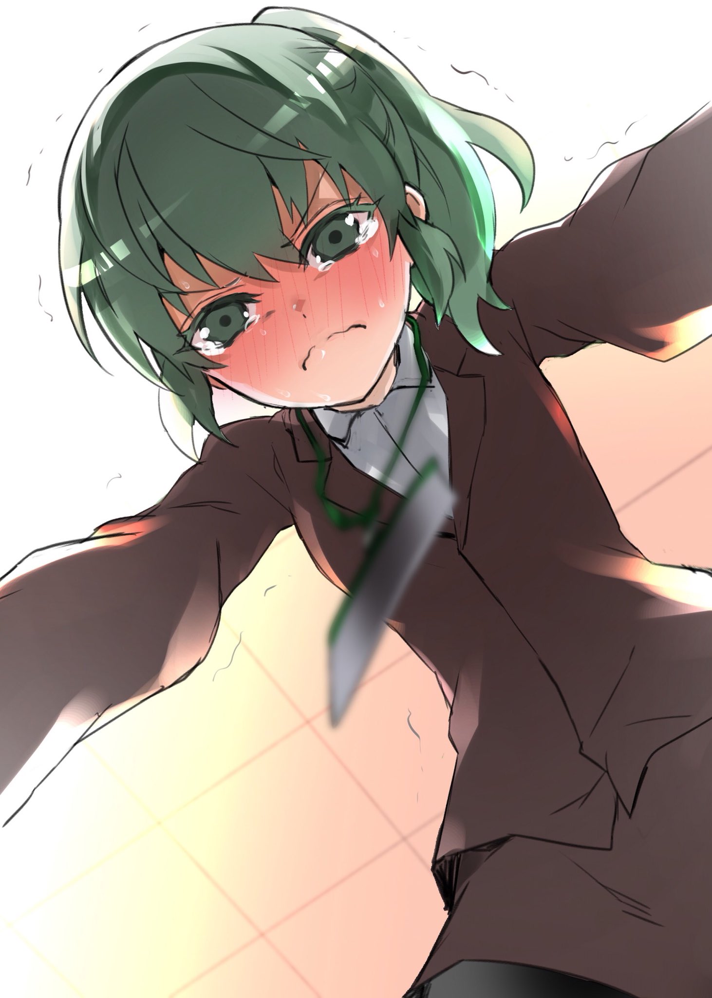 all_fours angry blush closed_mouth coat collared_shirt commentary_request fang full-face_blush green_eyes green_hair highres igarashi_futaba_(shiromanta) lanyard lips looking_at_viewer lying medium_hair office_lady on_stomach orz overcoat pantyhose ponytail qqyy8rf9k senpai_ga_uzai_kouhai_no_hanashi shirt tearing_up tears trembling wavy_mouth