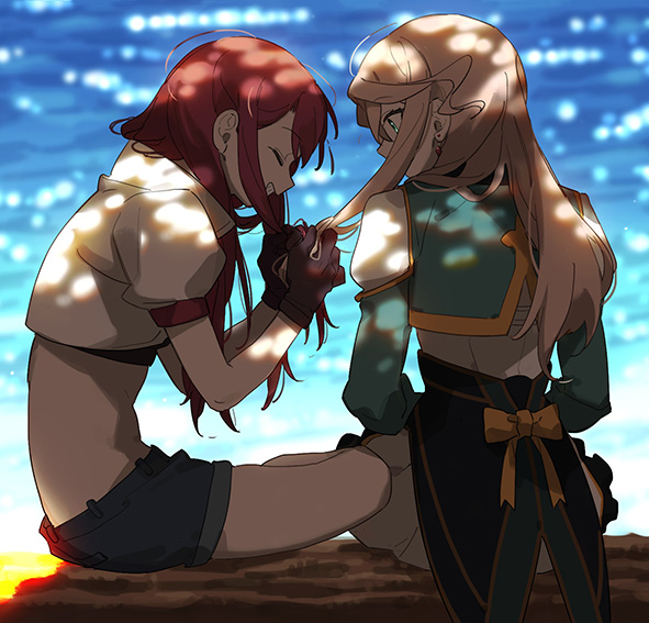 2girls ahn alisha_diphda black_gloves closed_eyes crop_top earrings from_behind from_side gloves green_eyes jewelry light_brown_hair long_hair midriff multiple_girls puffy_short_sleeves puffy_sleeves red_eyes rose_(tales) short_sleeves shorts sitting sitting_on_object tales_of_(series) tales_of_zestiria