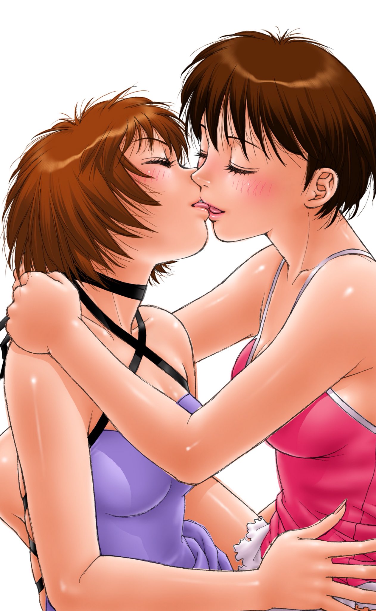 2girls arms_around_neck bangs blush breasts brown_hair closed_eyes collarbone commentary_request eyes_closed from_side hand_on_another's_hip highres kiss lipstick makeup medium_breasts multiple_girls original short_hair tank_top tongue tongue_out upper_body white_background yui_toshiki yuri