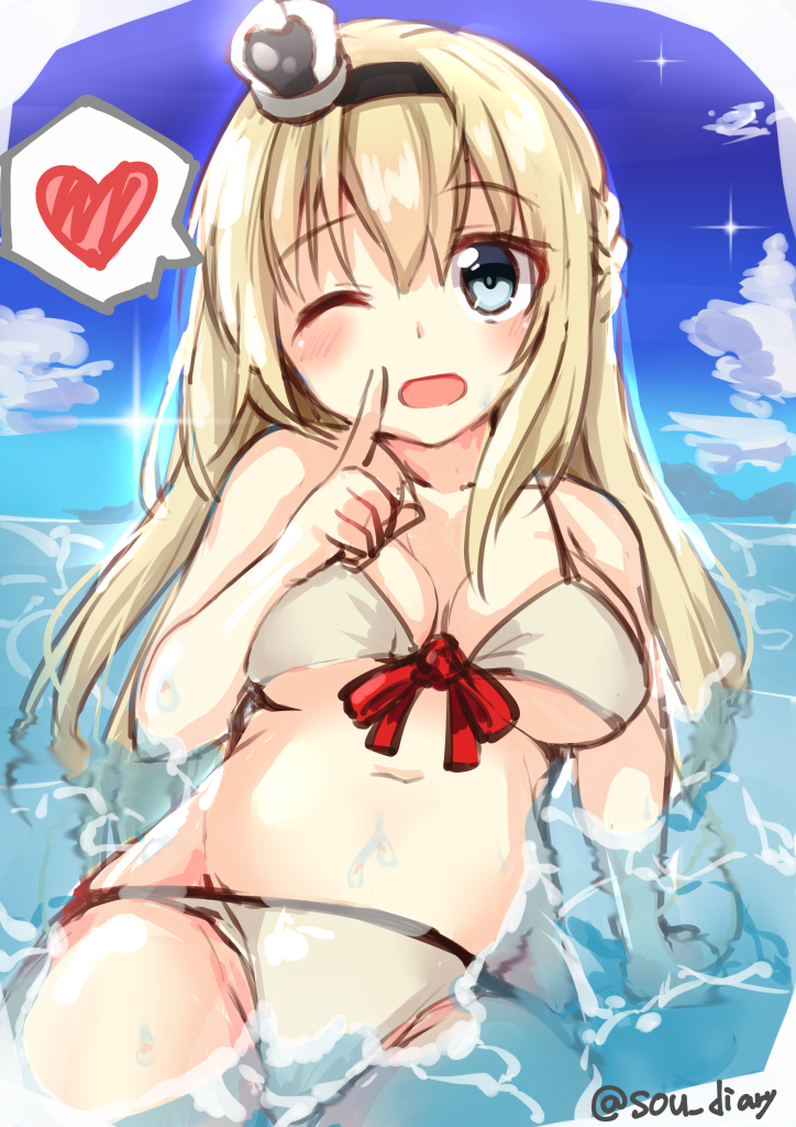 1girl bikini blonde_hair blue_eyes blue_sky blush breasts clouds crown eyebrows_visible_through_hair groin hair_between_eyes hair_ornament heart kantai_collection long_hair looking_at_viewer medium_breasts one_eye_closed open_mouth sky solo sou_(soutennkouchi) swimsuit warspite_(kantai_collection) white_bikini