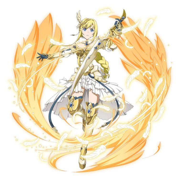 1girl alice_schuberg armor armored_dress blonde_hair blue_eyes blue_gloves boots braid breasts cleavage detached_sleeves faulds floating_hair full_body gloves headpiece holding holding_sword holding_weapon leg_up long_hair medium_breasts official_art outstretched_arms parted_lips single_braid solo standing standing_on_one_leg sword sword_art_online sword_art_online:_code_register thigh-highs thigh_boots very_long_hair weapon white_background white_feathers