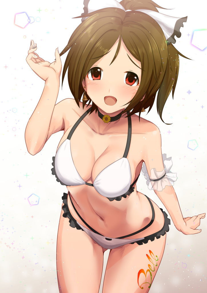 1girl arm_at_side arm_strap bare_shoulders bikini blush breasts brown_eyes brown_hair choker cleavage collarbone cowboy_shot doumyouji_karin frilled_bikini frills gradient gradient_background highleg highleg_bikini idolmaster idolmaster_cinderella_girls leaning_forward long_hair looking_at_viewer medium_breasts messy_hair midriff navel open_mouth short_hair sidelocks solo sousakubito swimsuit tattoo thighs white_background white_bikini