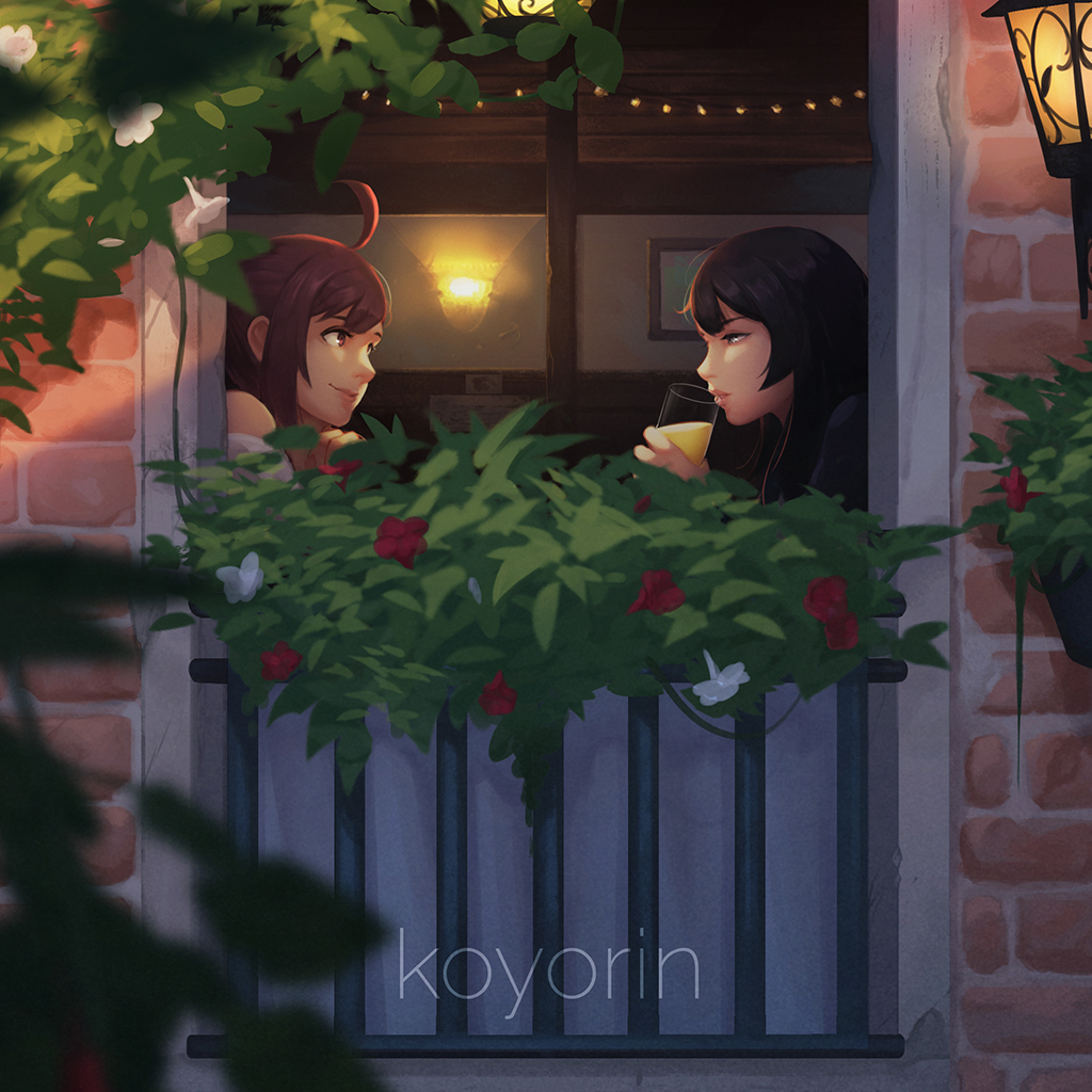 2girls ahoge artist_name black_hair blurry_foreground brown_eyes brown_hair drinking from_outside glass koyorin lips long_hair looking_at_another multiple_girls original smile window